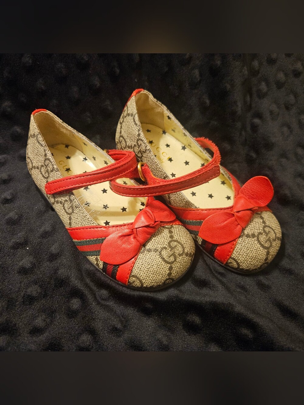 Gucci Girls' Tan Monogram Mary Janes with Red Bow